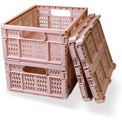 20L Foldable Crates, 4Pack Plastic Baskets for Home and Office,Plastic Folding baskets,Collapsible Crates for Chrismas Gifts, Toys Storage. (Light Pink,15.7x11.8x6.3Inc)