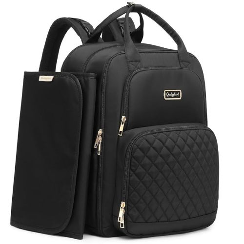 Qualyphant Diaper Bag Backpack - Extra Large Diaper Bag for 2 Kids Twins (Expandable 30-38L) - Travel Baby Backpack with Changing Pad for Mom Dad (Quilted, Water Resistant, Black)