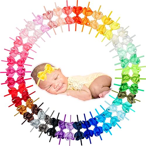 CÉLLOT 40 Colors 3Inch Super Soft Ribbon Bow Nylon Headbands for Baby Girls | Breathable Hairband | for Infants preemie and Newborn Kids Hair Accessories