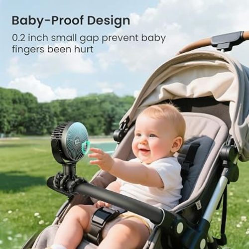 Coohea Portable Stroller Fan, 25H Long-lasting, 4 Speed, Night Light, Black