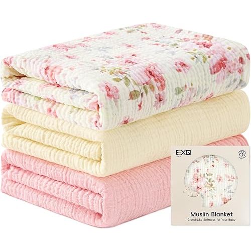 EXQ Home 3 Pack Muslin Swaddle Blankets for Baby Watercolor Blush Rose