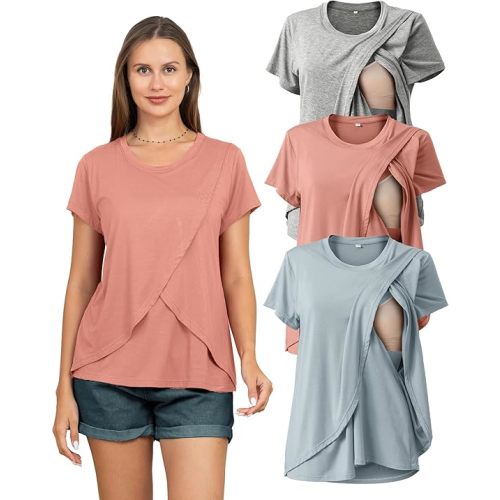 Rnxrbb 3 Pack Women's Nursing Tops for Breastfeeding Summer Short Sleeve T Shirts Postpartum Double Layer Clothes