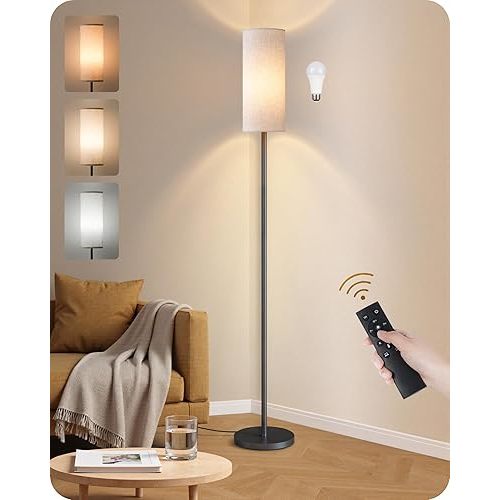 Dimmable Floor Lamp for Living Room with Remote and Foot Switch, Corner Floor Lamp, 64.4" Standing Tall Lamp, 10W 900LM LED Bulb Included, 3000K-6500K, Linen Shade, Weighted, FCC Listed W06LD05W1