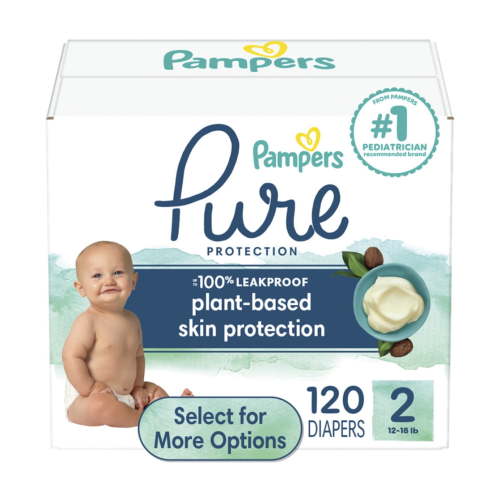 Pampers Pure Baby Diapers, Size 2 (12-18 lbs), 120, Up to 100% Leakproof, Premium Hypoallergenic Soft Diapers