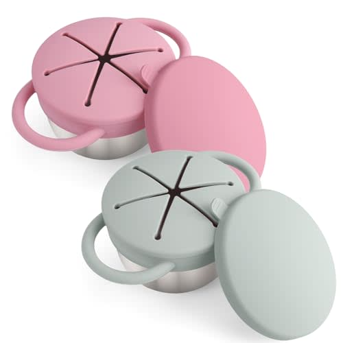 Mity rain Stainless Steel Snack Containers for Toddlers with Spill-Proof Silicone Lids Handles - 3-in-1 Baby Snack Cups, No-Spill Toddler Snack Box (Light Green+Pink, Two piece set)