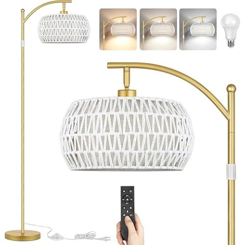 ROTTOGOON Boho Floor Lamp with Dimmable Bulb, White Rattan &Linen Double Shades, Boho Standing Tall Lamps with Foot Switch, Gold Bohemian Floor Lamps for Living Room, Bedroom, Office