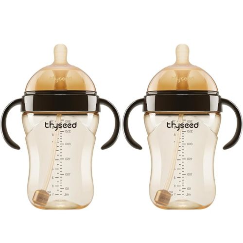 PPSU Weaning Bottles for Breastfed Baby Who Refuses Bottle Toddler Breastlike Breastfeeding Transition Bottle That Looks Like A Breast with Silicone Weighted Straw 10oz/300mL 10+ Months 2 Pack - 10+ Month with handle and straw 2 pack