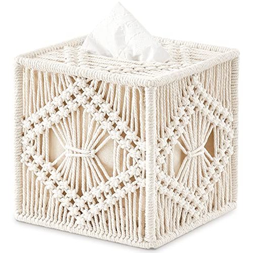 Mkono Tissue Box Cover Macrame Square Open-Bottom Tissue Box Holder Boho Decor Tissue Organizer Bohemian Handmade Woven Tissue Cube Box for Bathroom Bedroom Dresser Living Room Office Dorm, Ivory