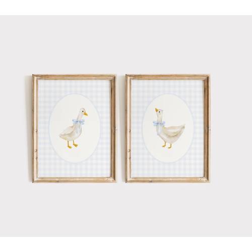 Goose Nursery Print Set, Vintage Goose Nursery Art, Baby Boy Nursery, Duck Gingham Nursery Decor Neutral, Coquette Goose Blue Bow Wall Art