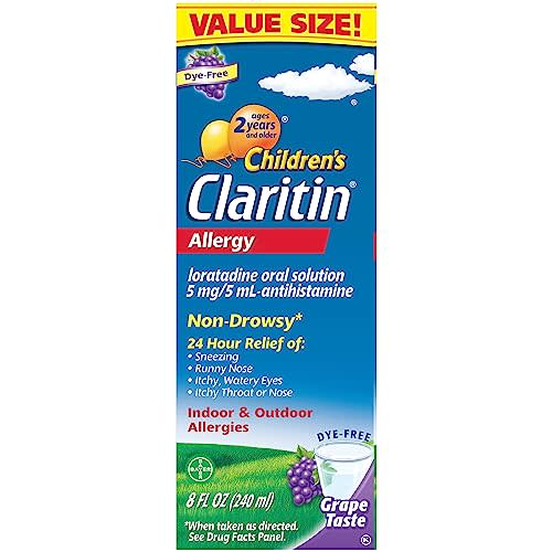 Claritin Children's Allergy Medicine, 24-Hour Non-Drowsy Loratadine 5mg, Antihistamine Liquid for Kids Aged 2 Years and Older, Grape Flavored, Dye-free, 8 fl oz.