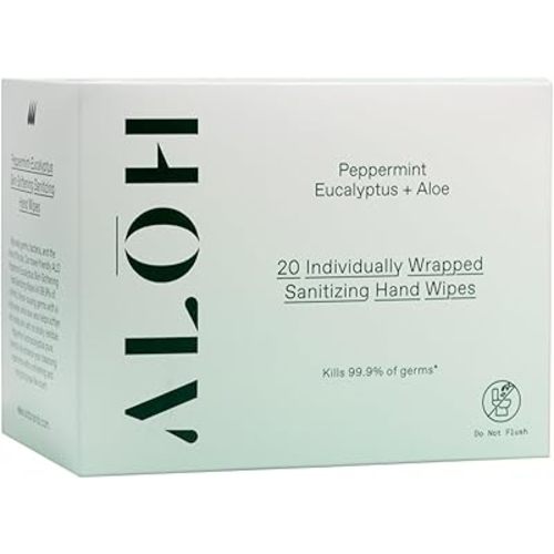 ALŌH Skin - Softening Sanitizing Hand Wipes – Peppermint + Eucalyptus Aloe (1 Box of 20 Individually Wrapped Wipes)