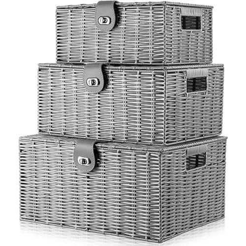 Set of 3 Woven Wicker Storage Basket Box with Lids & Lock, Built-in Carry Handles, Multifunctional Storage Organizer for Nursery, Baby, Clothes, Toys, Books, Large/Medium/Small Size (Grey)