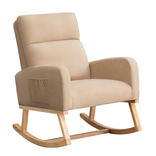 Rocking Chair Nursery, Uplostered Fabric Nursery Rocking Chair, Comfy High Backrest Rocker Nursing Chair for Mom Breastfeeding with Extended Legs for Living Room Bedroom, Khaki