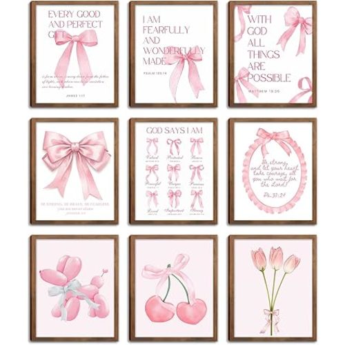 Pink Bows Bible Verse Christian Canvas Wall Art Set of 9, Trendy Posters Prints Wall Decor, Cute Coquette Preppy Girls Aesthetic Room Decor Gifts for Bedroom Living Room Home Decor 8x10inch Unframed