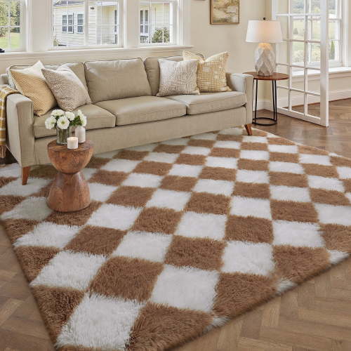 BERTHMEER 5'x8' Checkered Shag Area Rug for Living Room, Modern Brown and White Non-Slip Ultra-Soft Indoor Fluffy Rugs for Bedroom Carpet Home Dorm Aesthetic Decor, Brown&White