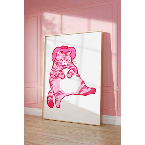 Cowboy cat wall pink print, cat in a cowboy hat poster, retro western cat, shipped wall print, funny kitten art, western room decor