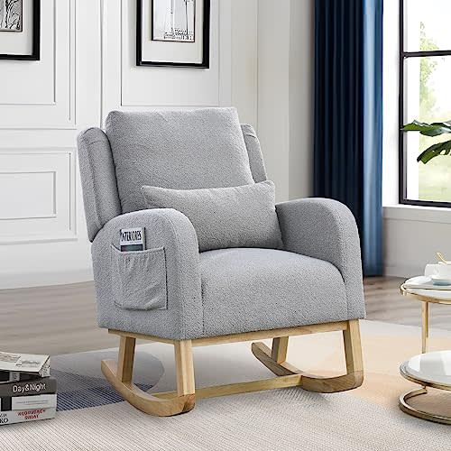 Rocking Glider Chair for Nursery, Wingback Accent Rocker Chair Upholstered Tall Back Arm Chair w/Side Pockets, Modern Leisure Single Sofa for Living Room, Hotel, Bedroom, Baby Room, Grey