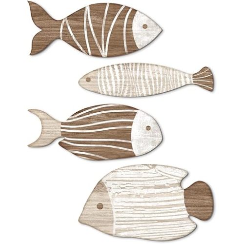 Putuo Decor 4 Pcs Wooden Fish Wall Decor Beach Nautical Coastal Theme Fish Wall Sculpture Lake House Ocean Decor Vintage Ornaments for Home Bathroom Bedroom