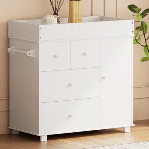 COZONY Changing Table Dresser with 3 Drawers & Cabinet, Nursery Baby Diaper Station with Pad for Bedroom/Kids Room