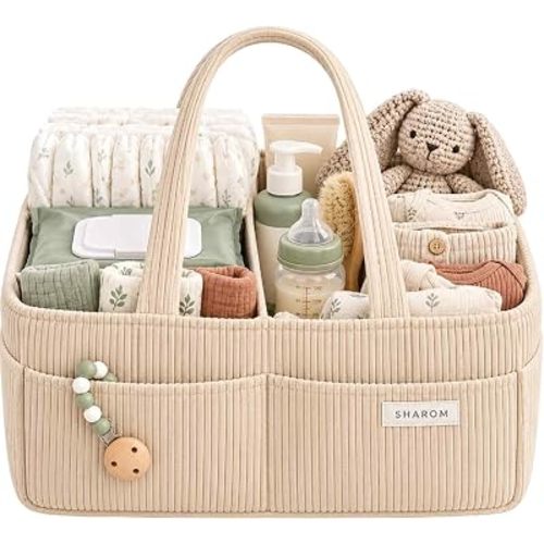 Corduroy Baby Diaper Caddy Organizer for Newborns, Spacious Nursery Caddy with 3 Adjustable Compartments & 6 Pockets, Changing Table Organizer for Baby Shower Gifts & Registry Must-Haves, Cream