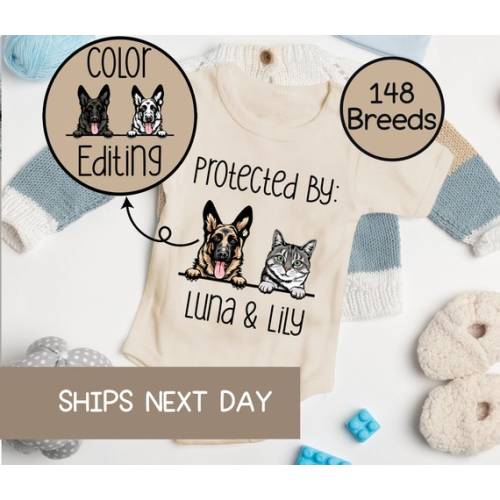 Baby Shower Gift Protected by Pets Onesie® Custom Dogs and Cats Onesie® Personalized Baby Gift Custom Dog and Cat Breeds Baby Gift. - Etsy