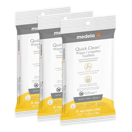 Medela Quick Clean Wipes for On-The-Go Cleaning of Breast Pumps, Accessories, and Various Surfaces, Resealable, Plant-Based, 3 Packs of 30 (90 Count)