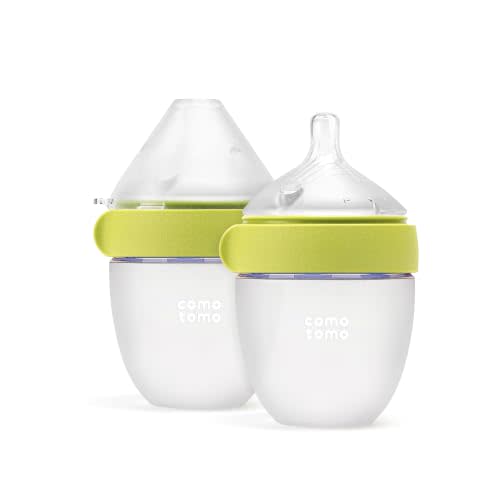 Comotomo (Gen 2) Silicone Baby Bottle, Green, 5oz, 2-Pack | Premium food-contact grade silicone bottle with a truly slow-flow nipple and dual anti-colic vents for newborn feeding.