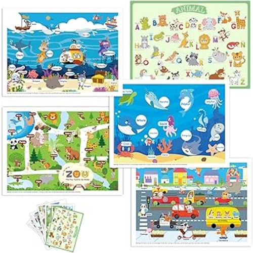 Disposable Placemats for Baby Toddlers, Plastic Sticky Table Mats Babies for Restaurants, Parties, Preschool& Dining Table– 5 Fun Designs Alphabet, Sea, Deep-Sea, Road, Zoo Animal,40 Pack 12x16 Inches