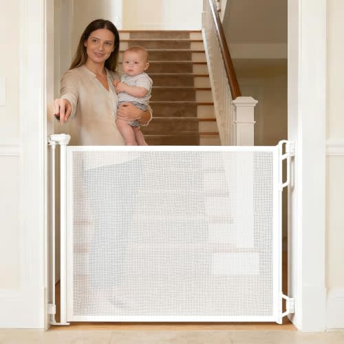 Spaceany Retractable Safety Baby Gate or Mesh Dog Gate,Durable Portable Mesh Retractable Gate,Easy to Use for Stairs, Doorways, Hallways, Indoor, Outdoor, 33.5" Tall, Extends to 55" Wide,White