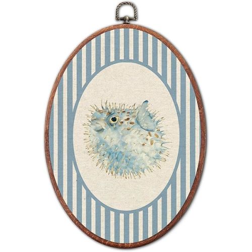 Vintage Pufferfish Nursery Oval Wall Art Framed, Blue Striped Sea Creatures Animal Framed Canvas Prints, Unique Retro Gift Hanging Wall Decor for Kids Toddler Room Bedroom Playroom, 8.6x11.4 Inch