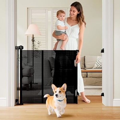 One-Hand Operation Retractable Baby Gates, 59 inch Retractable Gate with Reinforced Strip Design to Prevent Crawling Through, 5 FT Retractable Dog Gate for Stairs, Doorways, Hallways