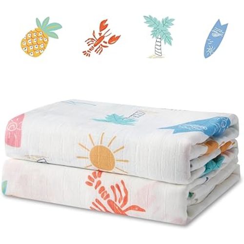 Muslin Swaddle Blankets for Newborn, 2-Pack Breathable Receiving Baby Blanket, Large 47 x 47 Inches Swaddling Wrap for Boys and Girls (Beach Fun)