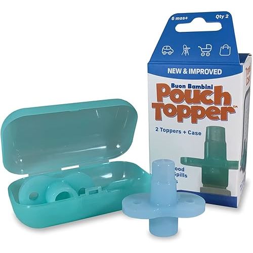 Soft Sip Baby Food Pouch Topper Plus Travel Case - Baby Led Weaning - 100% Silicone, Dishwasher-Friendly and Mess-Free Feeding for Babies 6 Months+, Universal Fit - Aqua Blue, 2 Packs