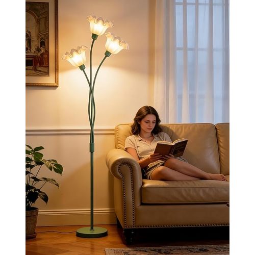 Flower Floor Lamp for Living Room, Modern Tree Floor Lamp with Adjustable Heads, 3 Light 3000K Soft Warmwhite Mid Century Standing Tall Lamp for Bedroom Kids Room-Green