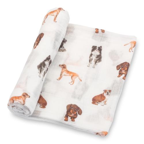 LollyBanks Muslin Swaddle Blanket – 100% Cotton Baby Wrap 47”x47”, Soft Newborn Receiving Blanket, Nursery Essential (Puppies Print)