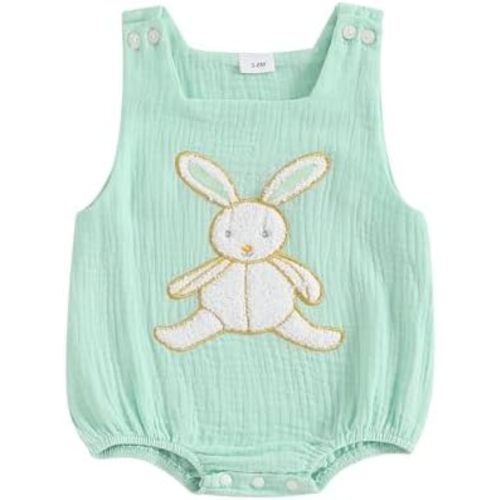 Newborn Baby First Easter Outfit Girl Boy Bunny Embroidery Bubble Romper Sleeveless Bodysuit Linen Overall Clothes