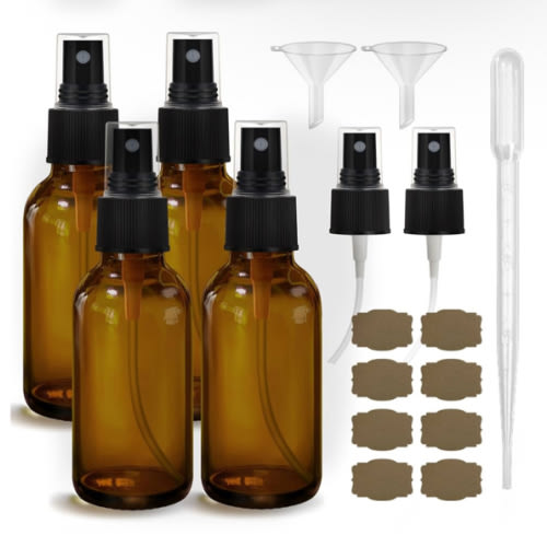 Amber Glass Spray Bottles 4oz,Small Empty Glass Spray Bottle Fine Mist Spray Refillable Containers,Mini Travel Spray Bottles set of 4,Included 6 Sprinkler,2 Funnels,1 Droppers,8 Labels