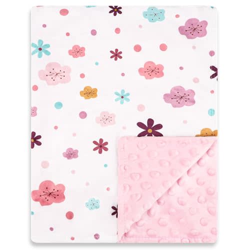 Pea Pod Baby Girls Blanket Soft Floral Minky Blanket for Newborn, 30'' x 40'' Double Layer Design, Dotted Backing Warm Baby Quilt Crib Blanket for Nursery/Stroller/Toddler Bed/Baby Car Seat