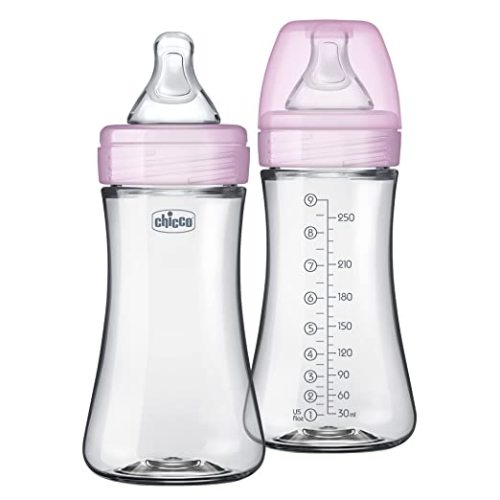 Chicco Duo 9oz Hybrid Baby Bottle, Real Glass Inside, Lightweight Plastic Outside, Patented Invinci-Glass Technology, Intui-Latch Nipple, 2-Pack, Clear/Pink