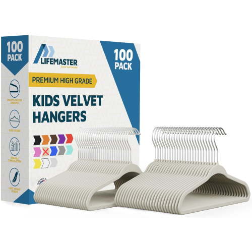 Lifemaster Velvet Kids Hangers, 100-Pack Non-Slip Baby & Toddler Clothes Hangers, Slim Space-Saving with Swivel Hook, Ivory