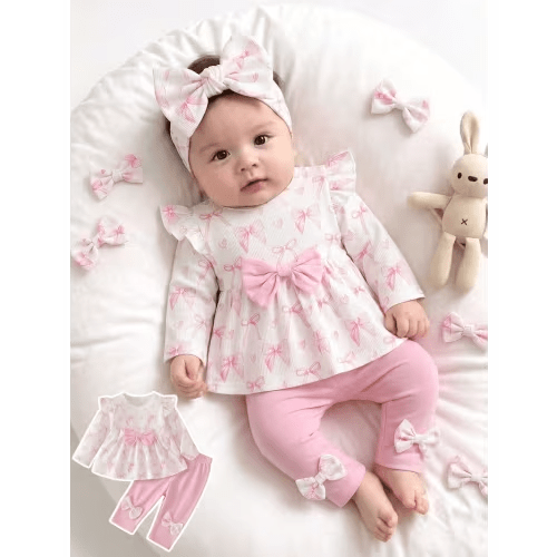 2pcs set newborn girls pink bow print long sleeve dress pink - Temu