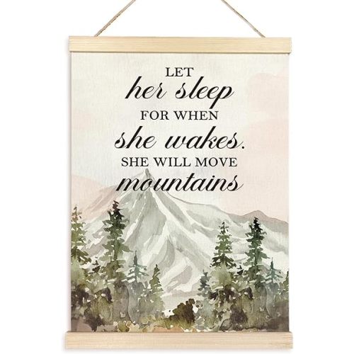 TAEDIN Girl Nursery Wall Decor Poster Hanger Frame, Mountain Nursery Decor, Forest Woodland Wooden Canvas Artwork Print for Baby Girls Daughter Room Decor, Funny Quotes Mountains Wall Decor 12X16