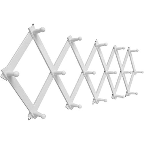 Accordion Wall Hanger with 16 Hooks, Wooden Coffee Mug Rack for Wall, Expandable Accordion Hook Rack Wall Mounted for Mug, Tea Cup, Purse,Coat, Hat, Cap(White)