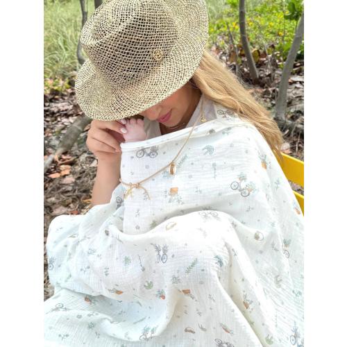 Organic Muslin Nursing Cover | Lightweight Cotton Breastfeeding Apron, Adjustable Wood Ring Neckline