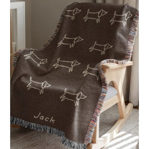 Personalized Dachshund Dog Pattern Woven Blanket, Custom Name Baby Blanket, Cute Puppy Nursery Throw, Cozy Baby Gift & Keepsake Decor