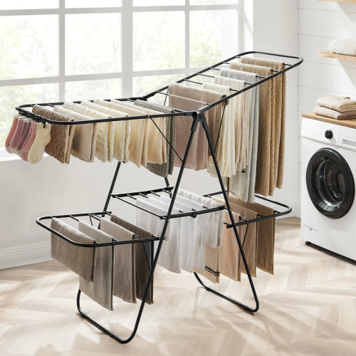 Rebrilliant Clothes Drying Rack, Foldable 2-Level Laundry Drying Rack, Free-Standing Laundry Airer, With Height-Adjustable Wings, 33 Rails, Sock Clips | Wayfair