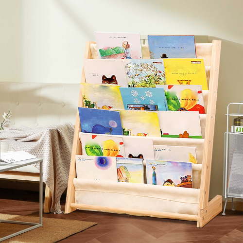 Miumaeov 6 Tiers Kids Book Rack Storage Bookshelf, 29.5x11.8x31.1inch Wooden Bookcase Children Book&Magazine Shelf Rack Organizer with 6 Canvas Shelves for Playroom and Children’s Room