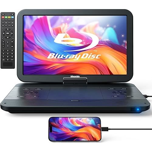 GOnavidio 17.6" Portable Blu Ray DVD Player with 15.4" Large Screen, HDMI in/Out, Sync Screen, 4000mAh Rechargeable Battery, 1080P MP4 MKV Video, Surround Audio, USB/TF Card(Include HDMI Cable)