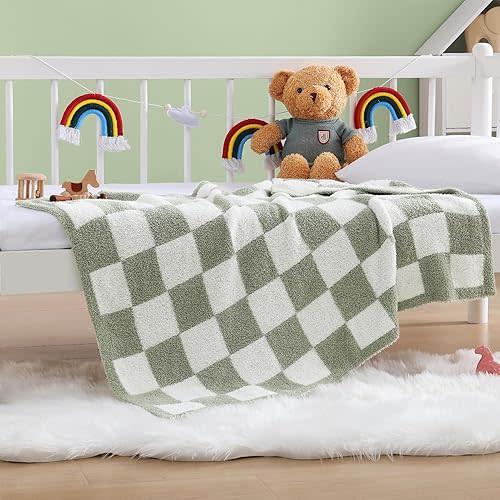 WRENSONGE Checkered Throw Blanket, Sage GreenSoft Cozy Fluffy Warm Hand Made Throw Blankets for Couch, Sofa, Chair, Bed, Camping, Picnic, Travel Lightweight Bed Blanket - 30"*40"