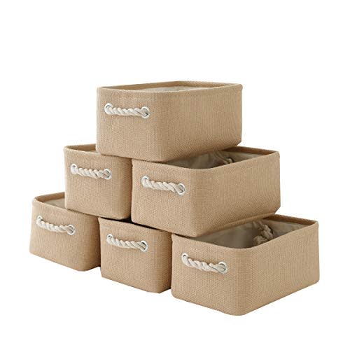 TheWarmHome Storage Basket for Organizing - Small 6 Pack 11.8x7.8x5.2 inch Fabric Storage Cubes with Cotton Rope Handle, Collapsible Storage Bins Baby Storage Toy Nursery (Beige)